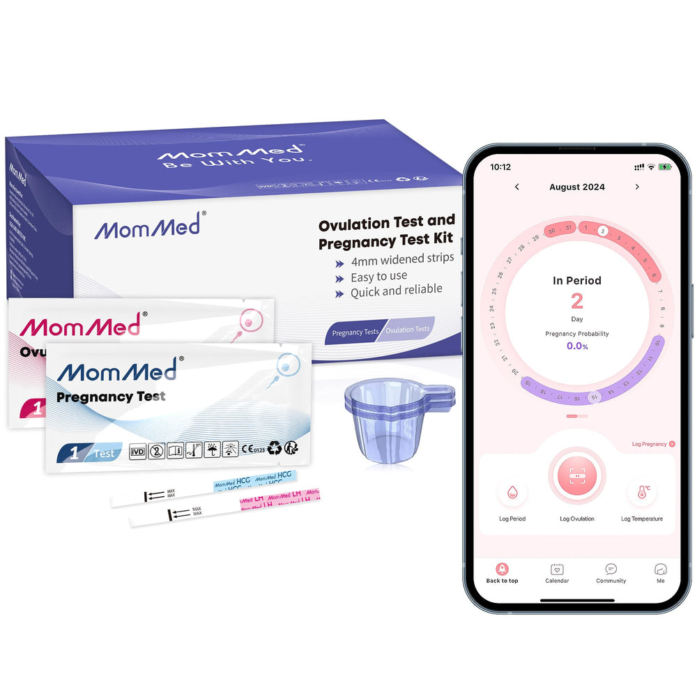 MomMed Ovulation Predictor Kit box showing 25 pregnancy tests and 100 ovulation tests