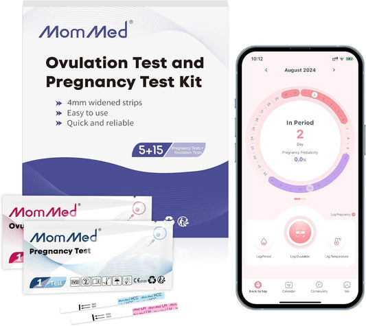 MomMed 20-count ovulation and pregnancy test kit box and contents