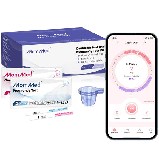 Front view of the MomMed ovulation test strips and pregnancy tests kit