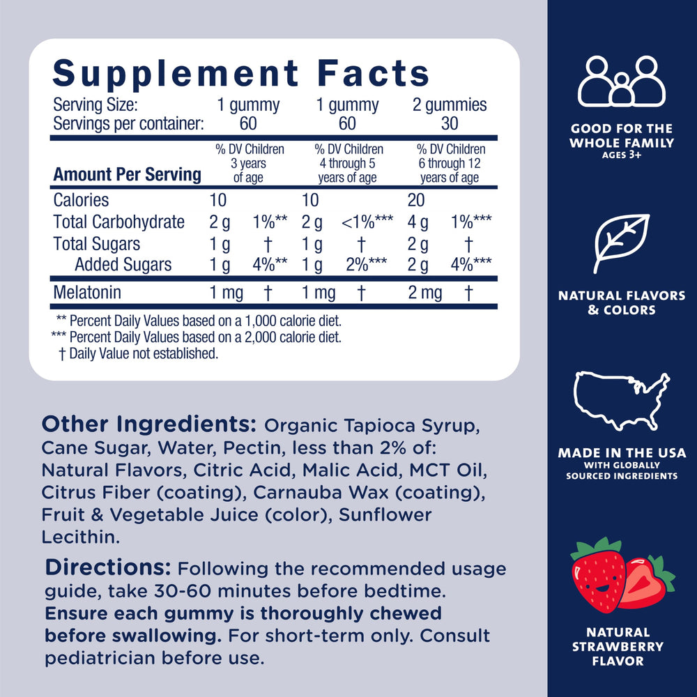 Gummy bottle label highlights no artificial colors or flavors