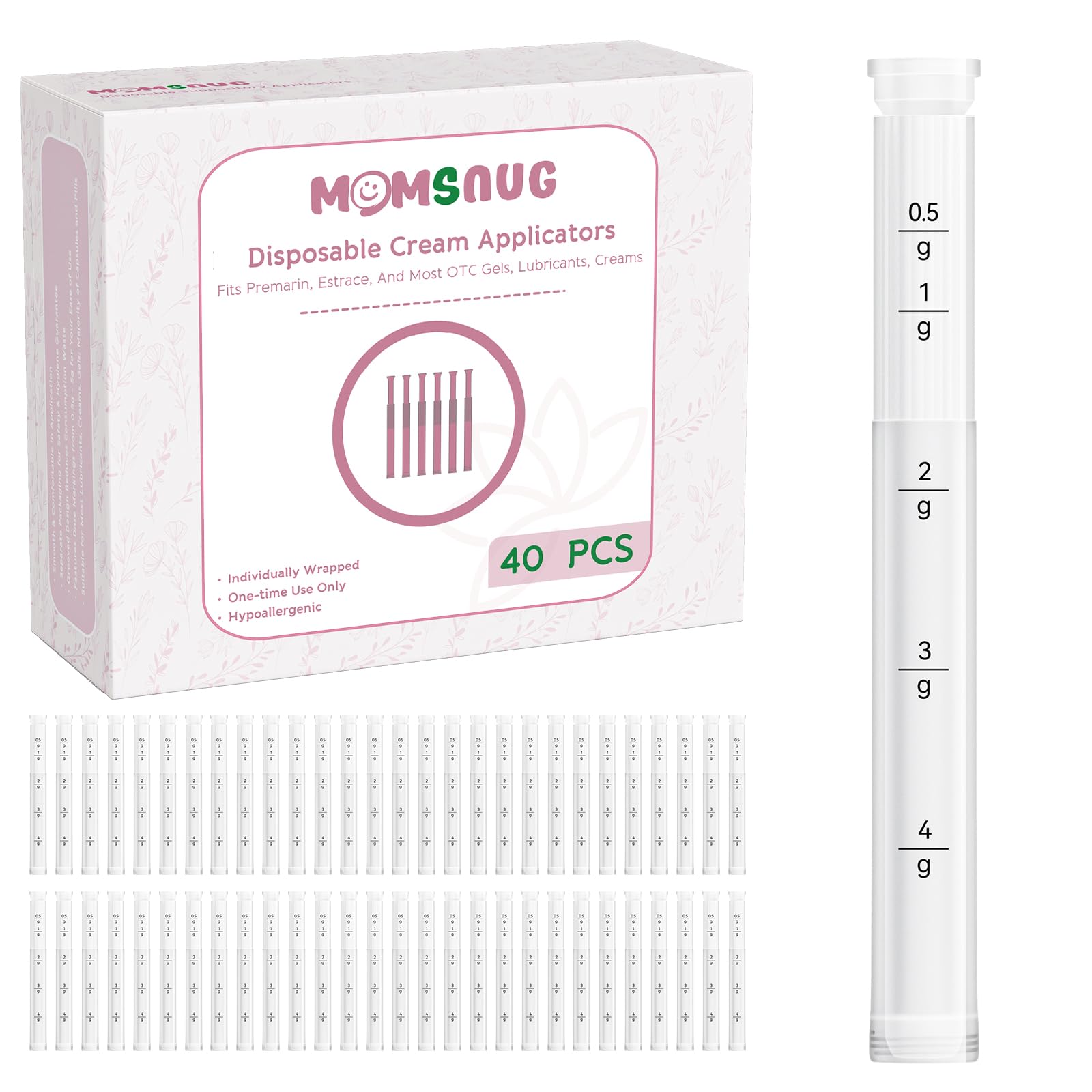 Momsnug disposable vaginal applicator 40-pack provides sterile, convenient home and travel use.