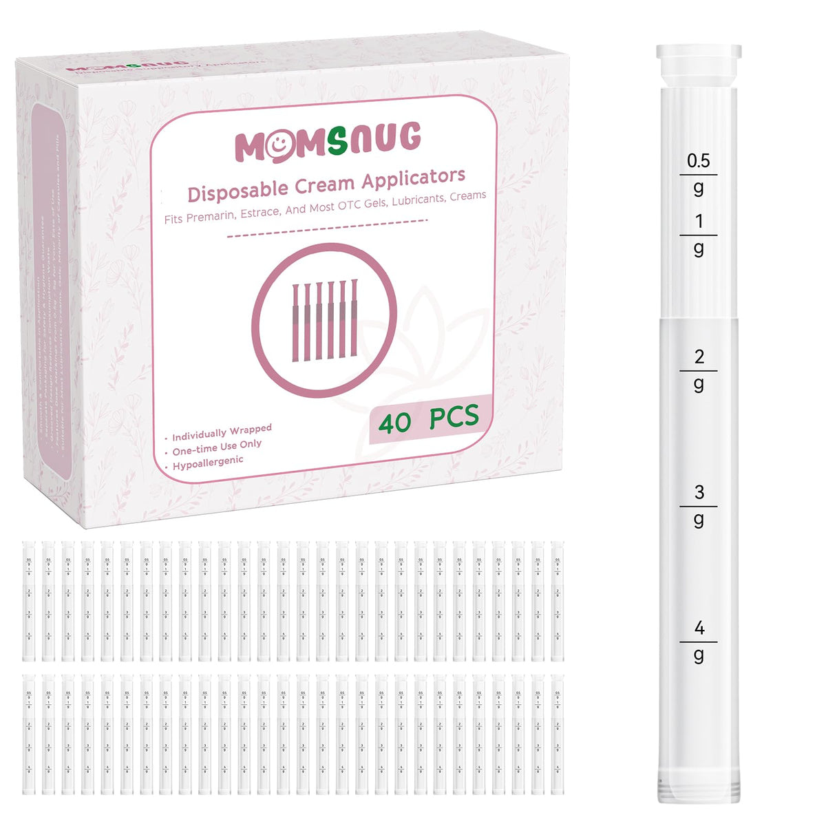 Momsnug disposable vaginal applicator 40-pack provides sterile, convenient home and travel use.