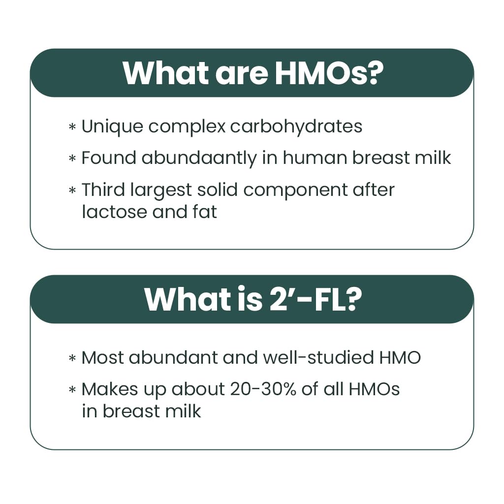 Close-up of 2'-FL HMO ingredient label on bottle