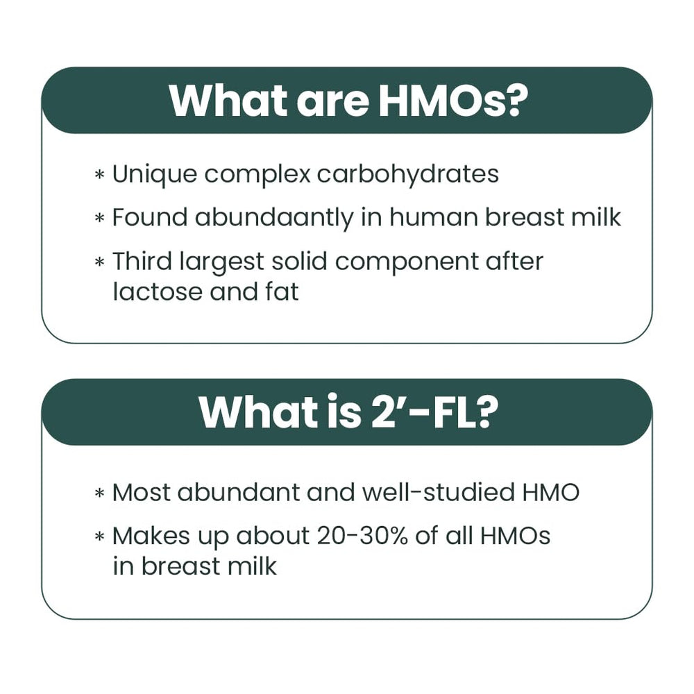 Close-up of 2'-FL HMO ingredient label on bottle