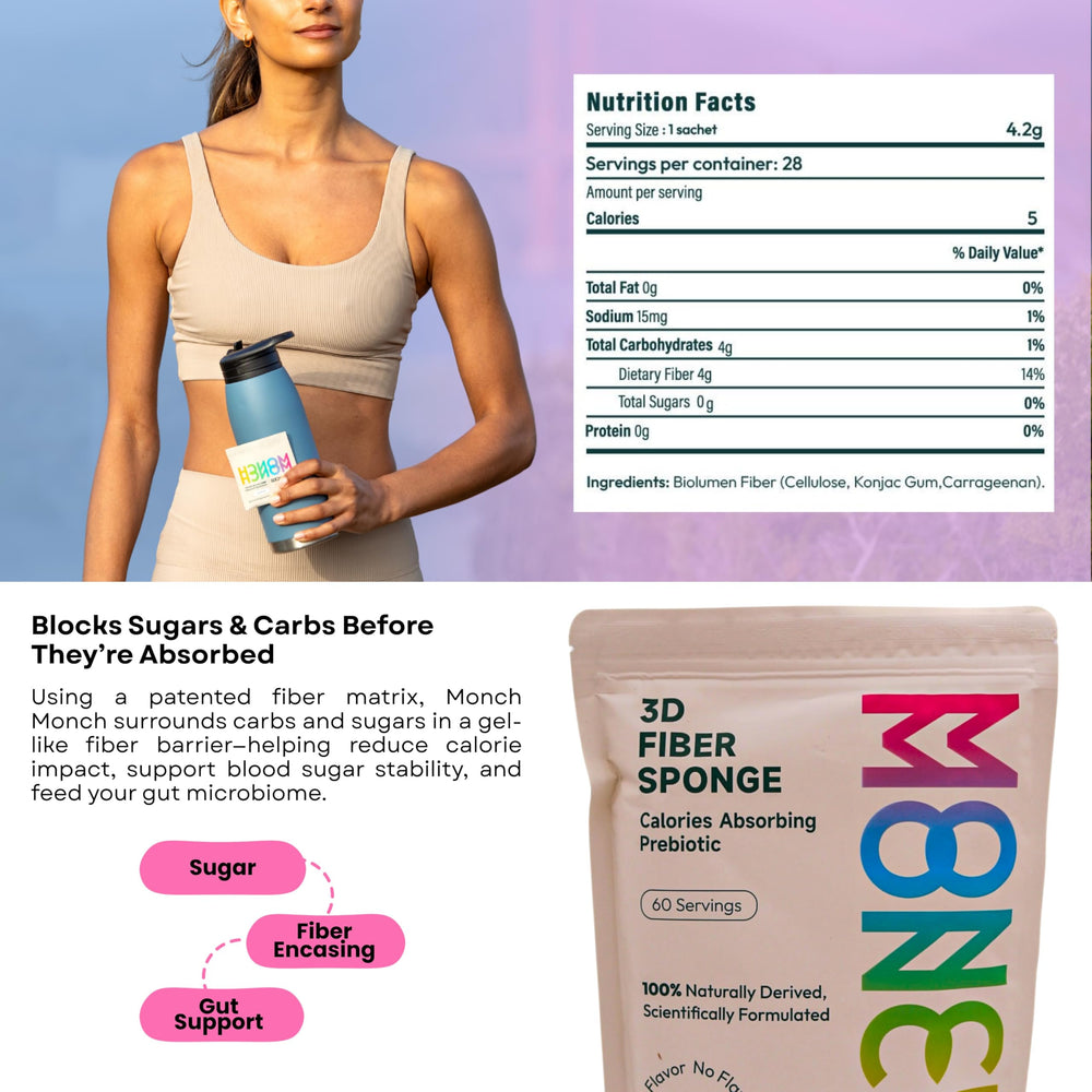 60-count bottle and label of Monch Monch fiber sponge