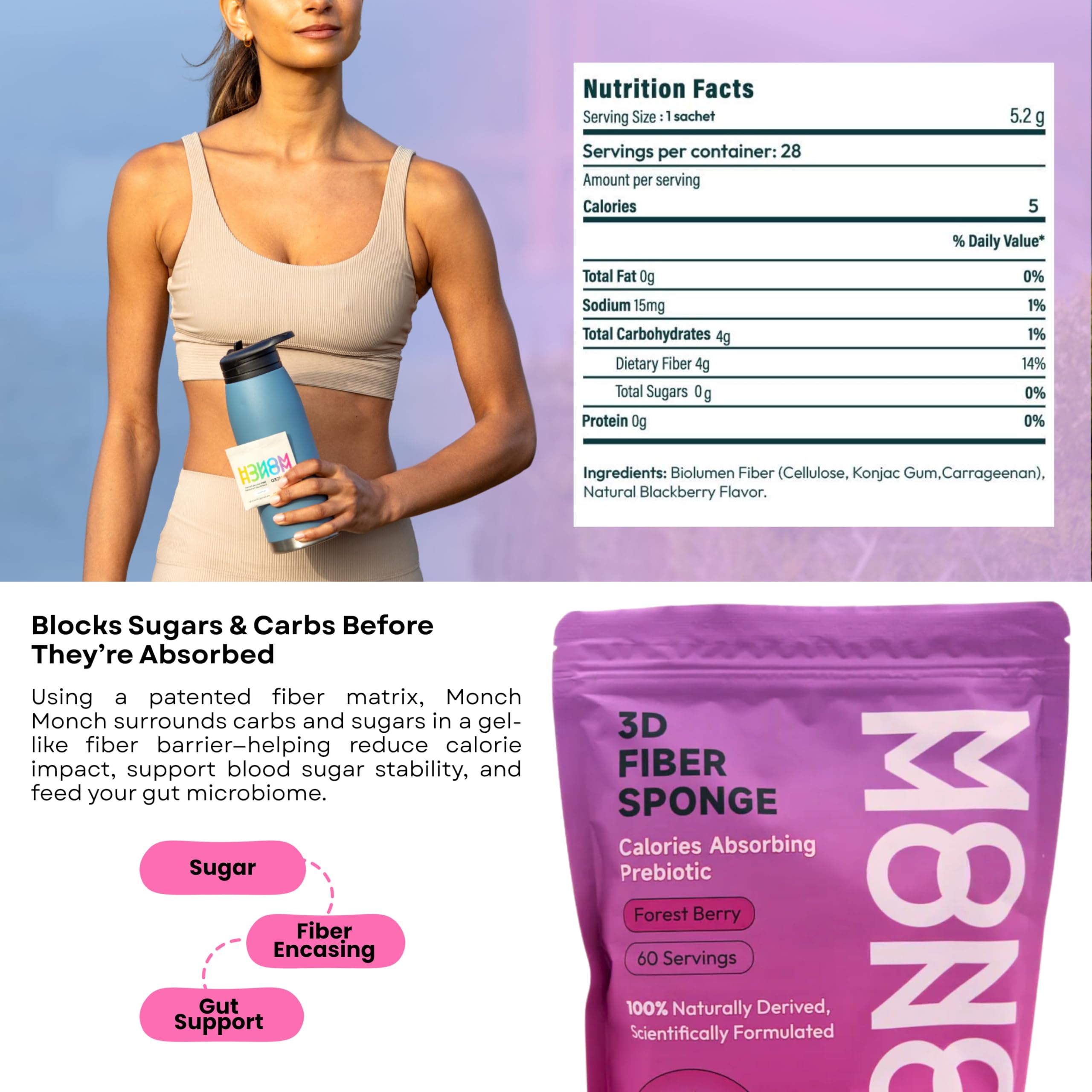 Monch Monch daily-dose packet illustrating quick routine with meals.
