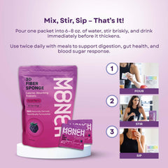 Monch Monch prebiotic fiber powder bag emphasizes plant-based gut-friendly benefits.