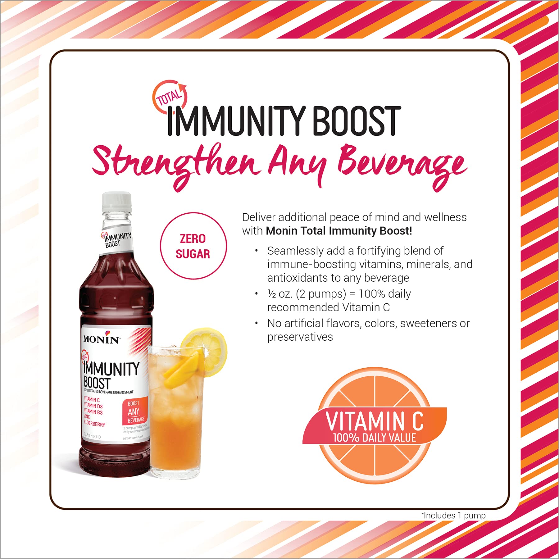 Close-up of Monin Total Immunity Boost bottle label