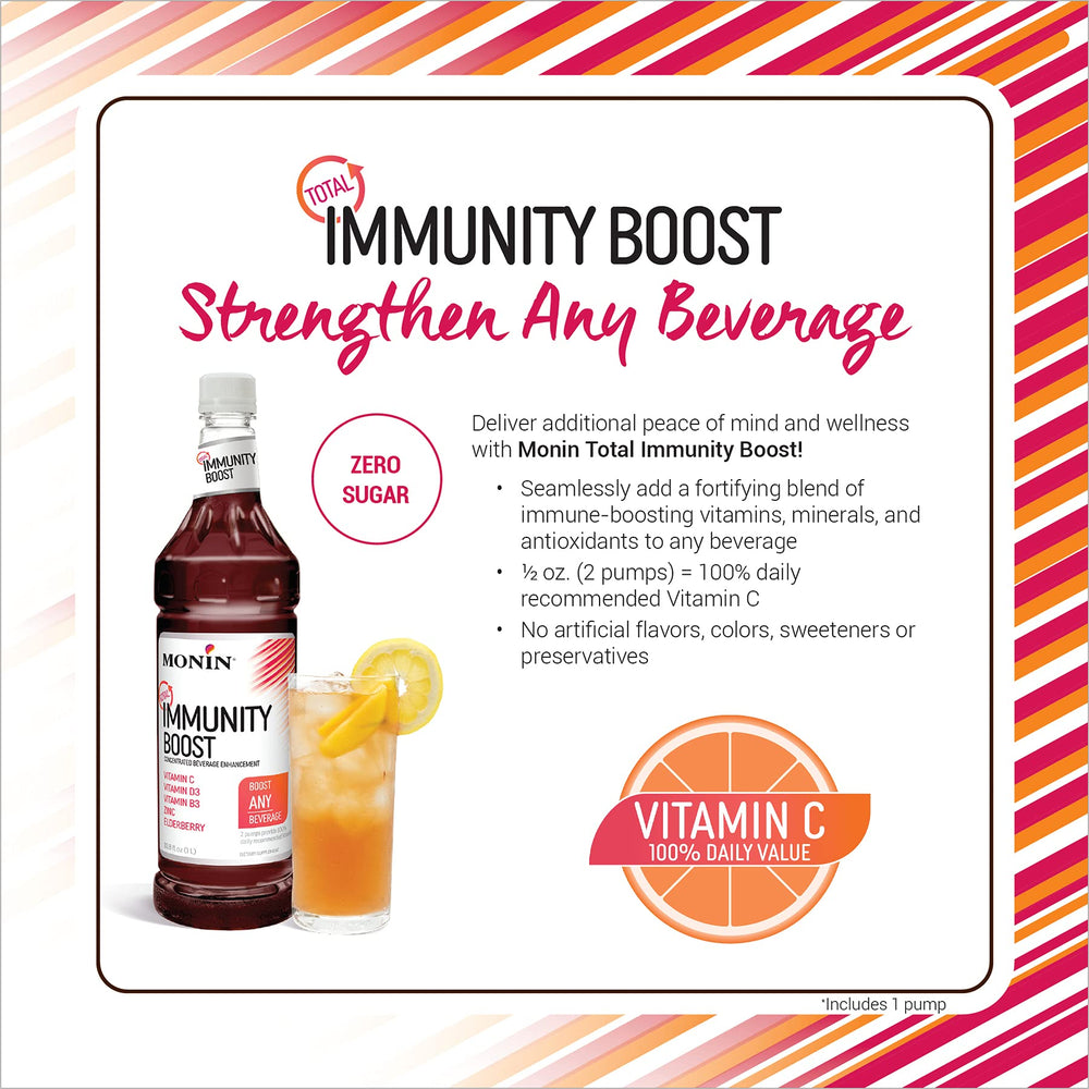 Close-up of Monin Total Immunity Boost bottle label