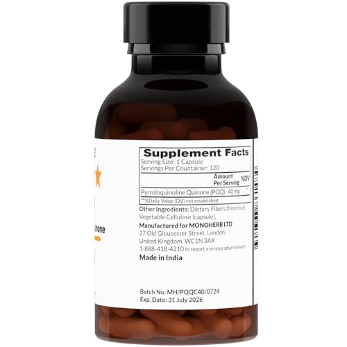 Close-up of MONOHERB PQQ 40 mg bottle and capsules