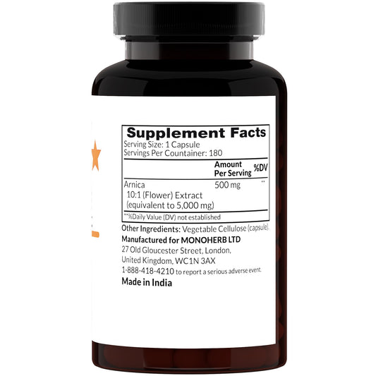 MONOHERB Arnica Extract 500 mg - 180 Capsules bottle and capsules close-up