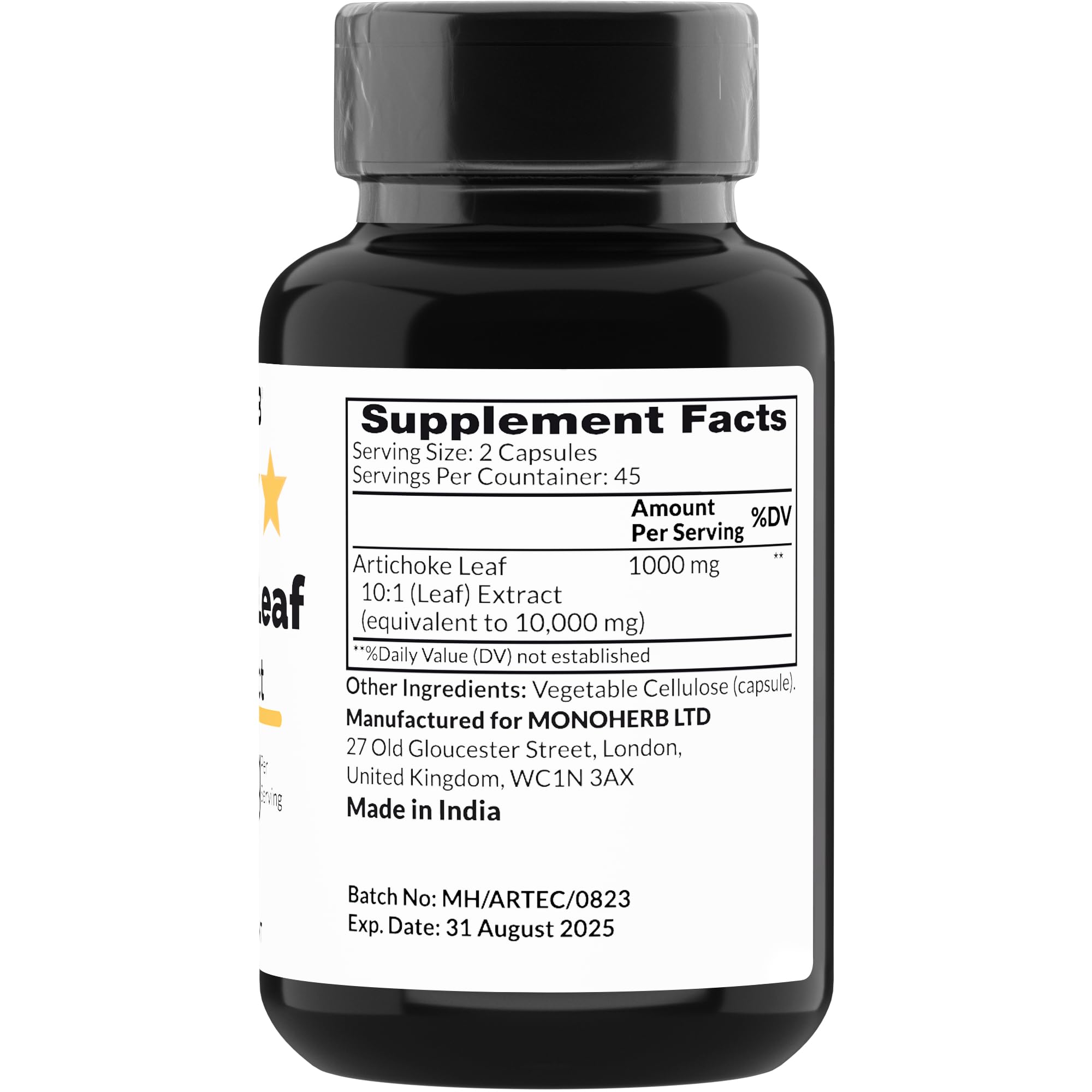 Close-up of MONOHERB Artichoke Leaf Extract 1000 mg bottle label