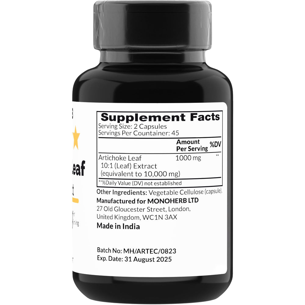 Close-up of MONOHERB Artichoke Leaf Extract 1000 mg bottle label