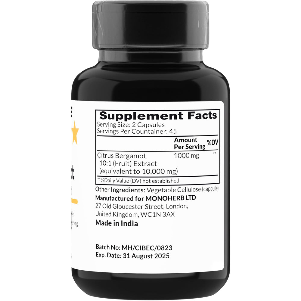 Close-up of MONOHERB Citrus Bergamot Extract 1000 mg capsules