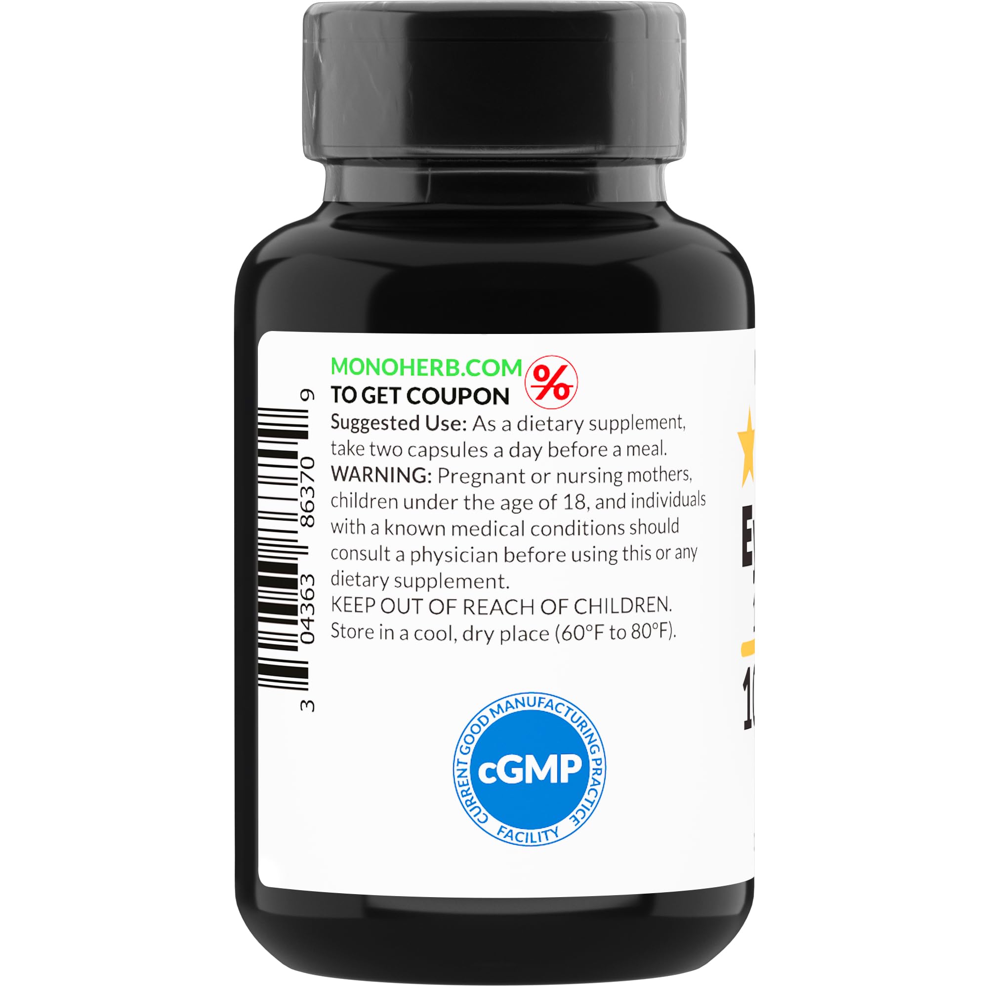 Back panel of MONOHERB Eyebright Extract 1000 mg bottle showing dosage