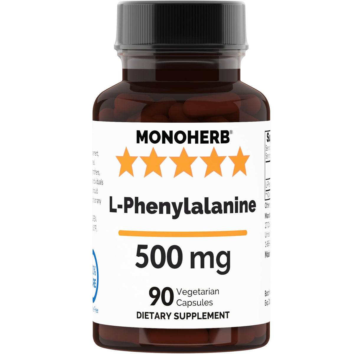 MONOHERB L-Phenylalanine 500 mg per Capsule bottle label