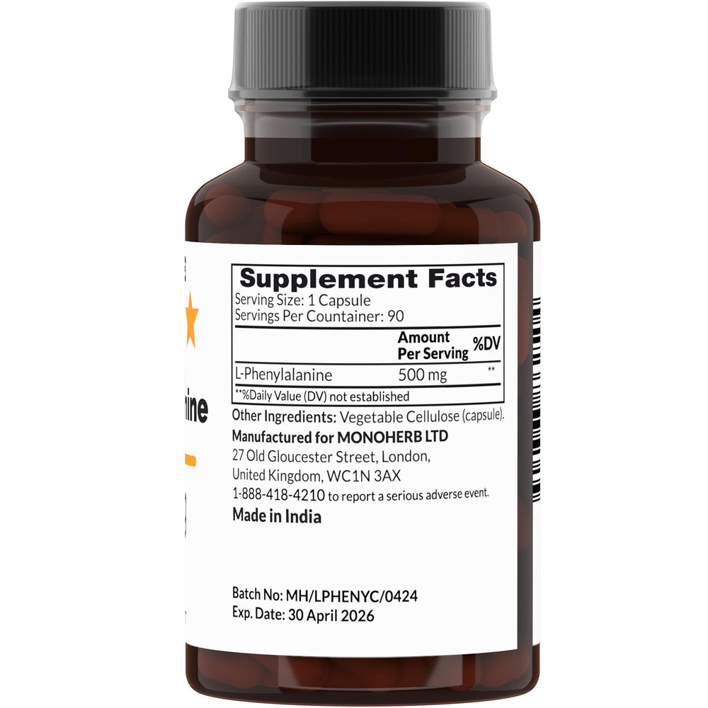 L-Phenylalanine 500 mg per Capsule - 90 vegan capsules inside clear vegetable capsules