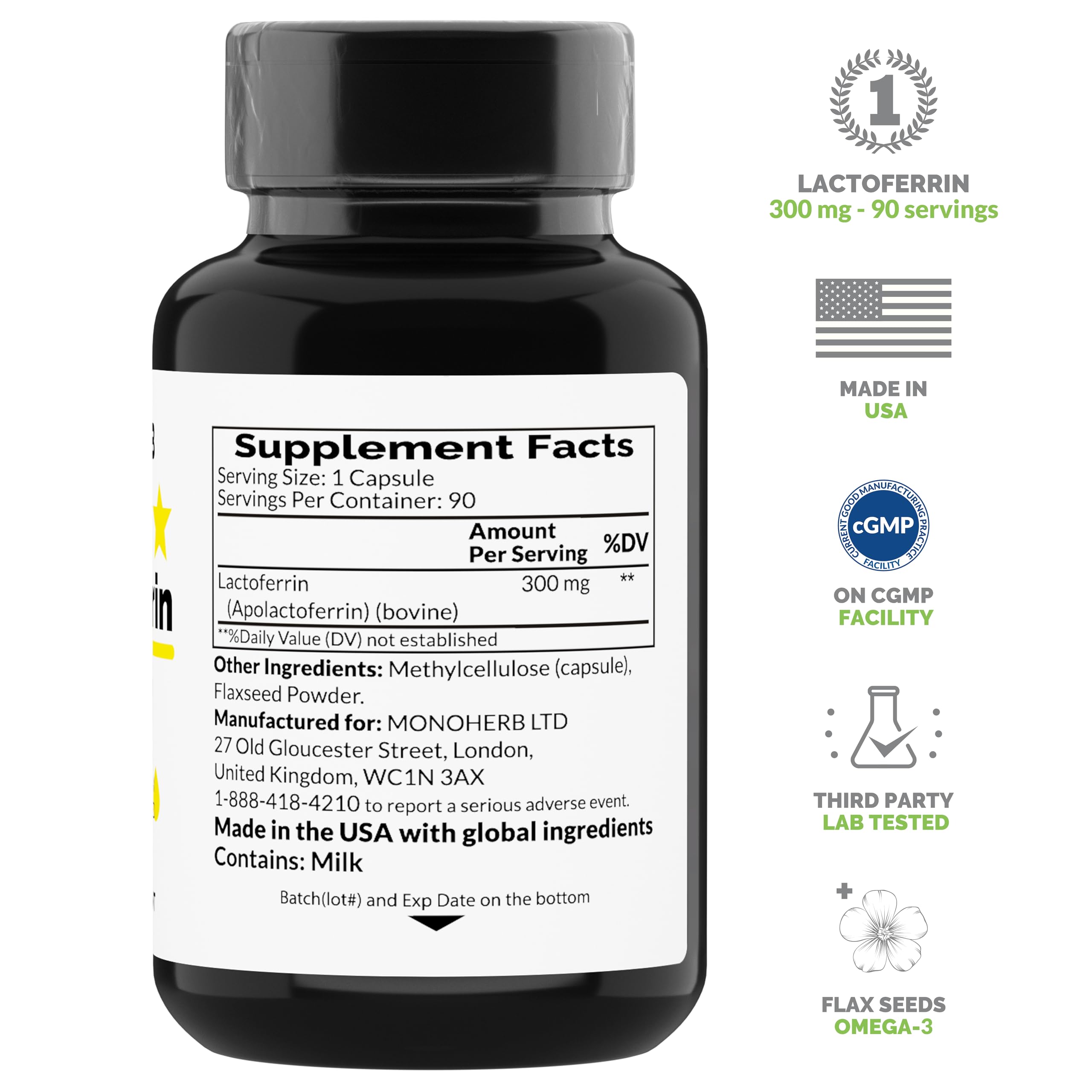 Lactoferrin 300 mg capsules in bottle