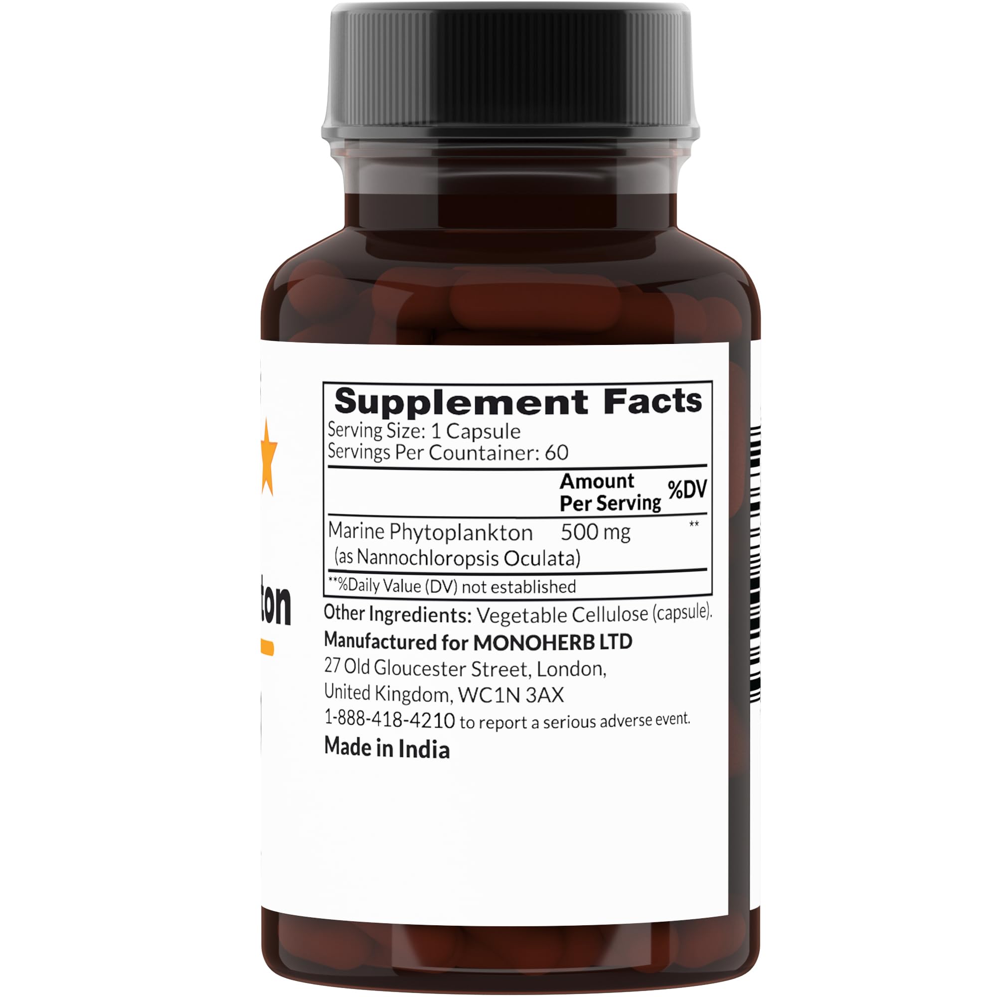 Close-up of MONOHERB Marine Phytoplankton 500 mg label.