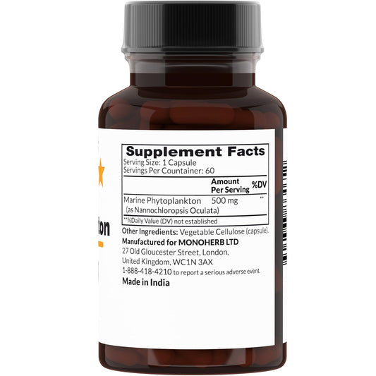 Close-up of MONOHERB Marine Phytoplankton 500 mg label.