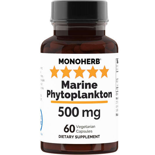 Front view of MONOHERB Marine Phytoplankton 500 mg bottle, 60 capsules.