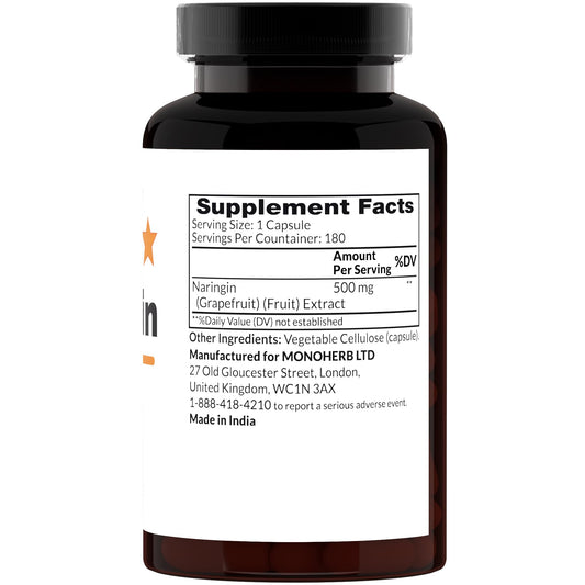 Close-up of MONOHERB Naringin 500 mg capsules in transparent vegetable capsules