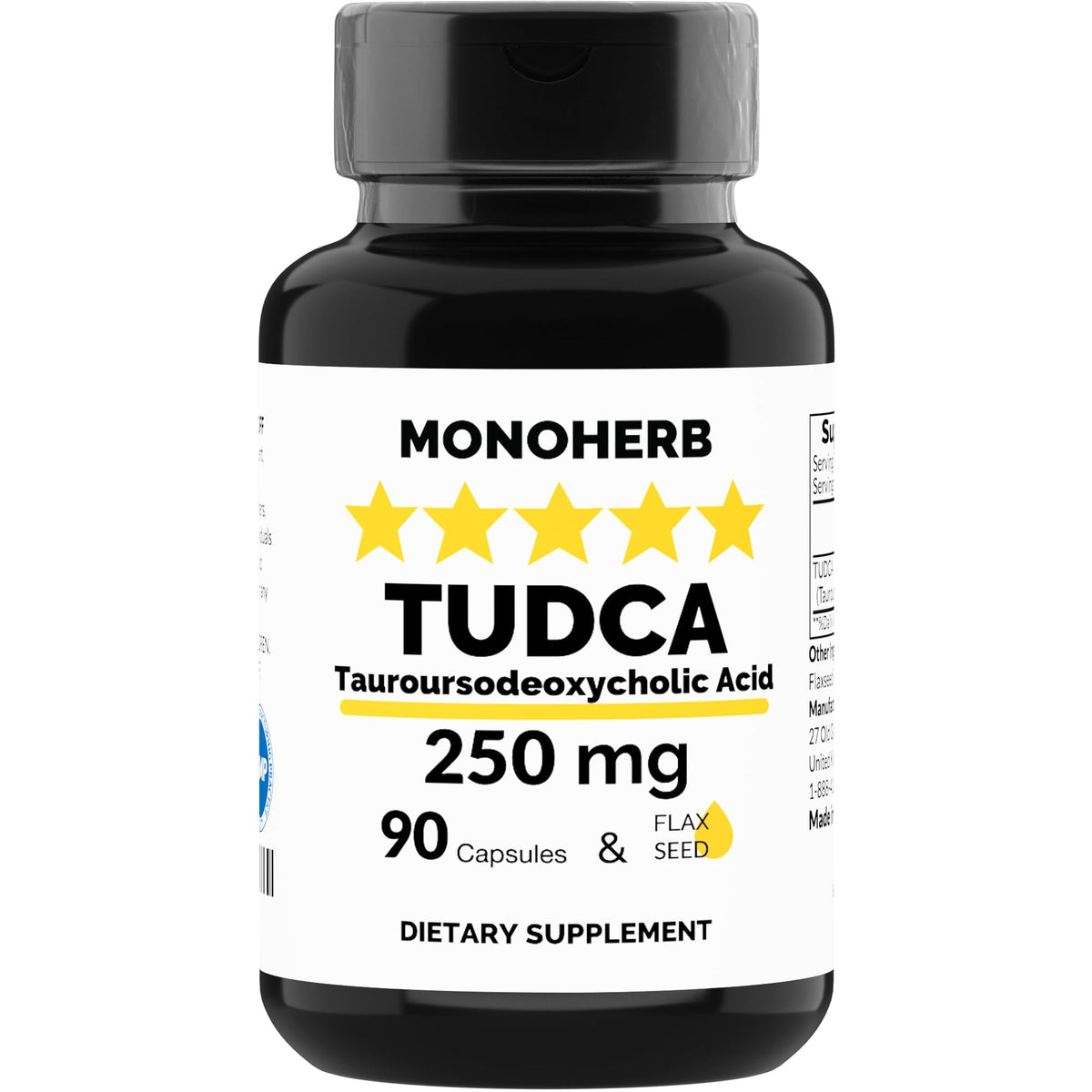 MONOHERB TUDCA bottle label - 250 mg per capsule, 90 vegan capsules, Made in USA