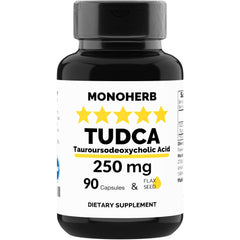 MONOHERB TUDCA bottle label - 250 mg per capsule, 90 vegan capsules, Made in USA