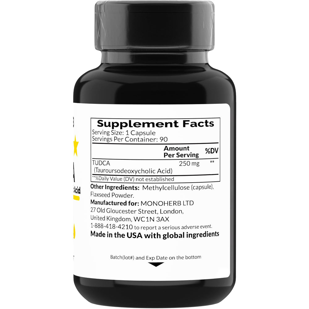 Close-up of MONOHERB TUDCA capsules with flaxseed powder