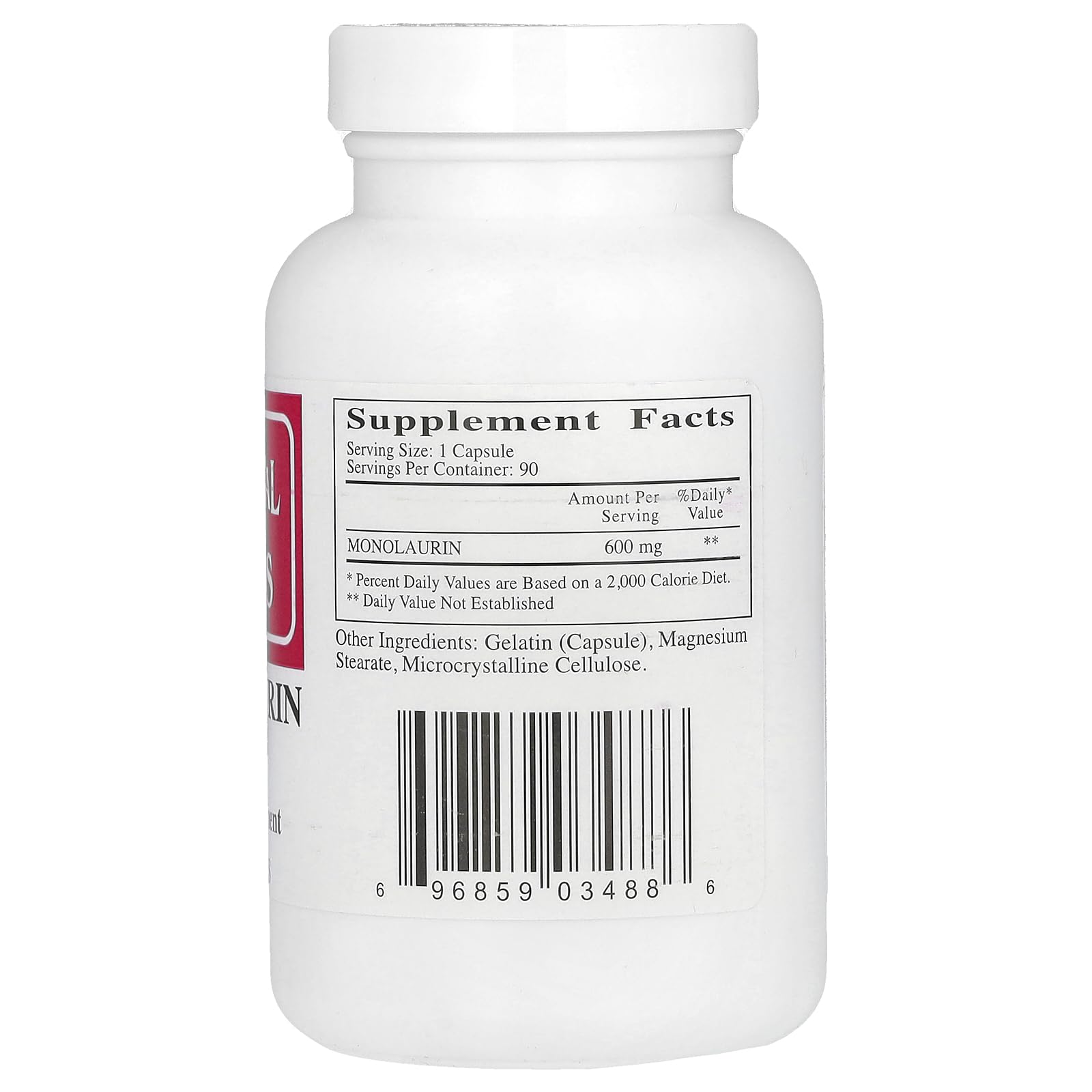 Close-up of Monolaurin 600 mg capsules in bottle