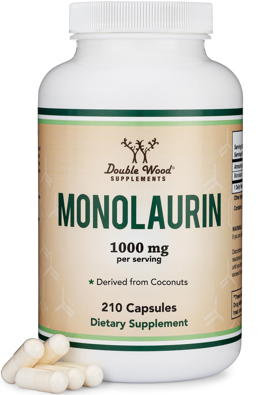 Bottle of Double Wood Monolaurin Immune Support 1000mg, 210 capsules, vegan safe and gluten-free
