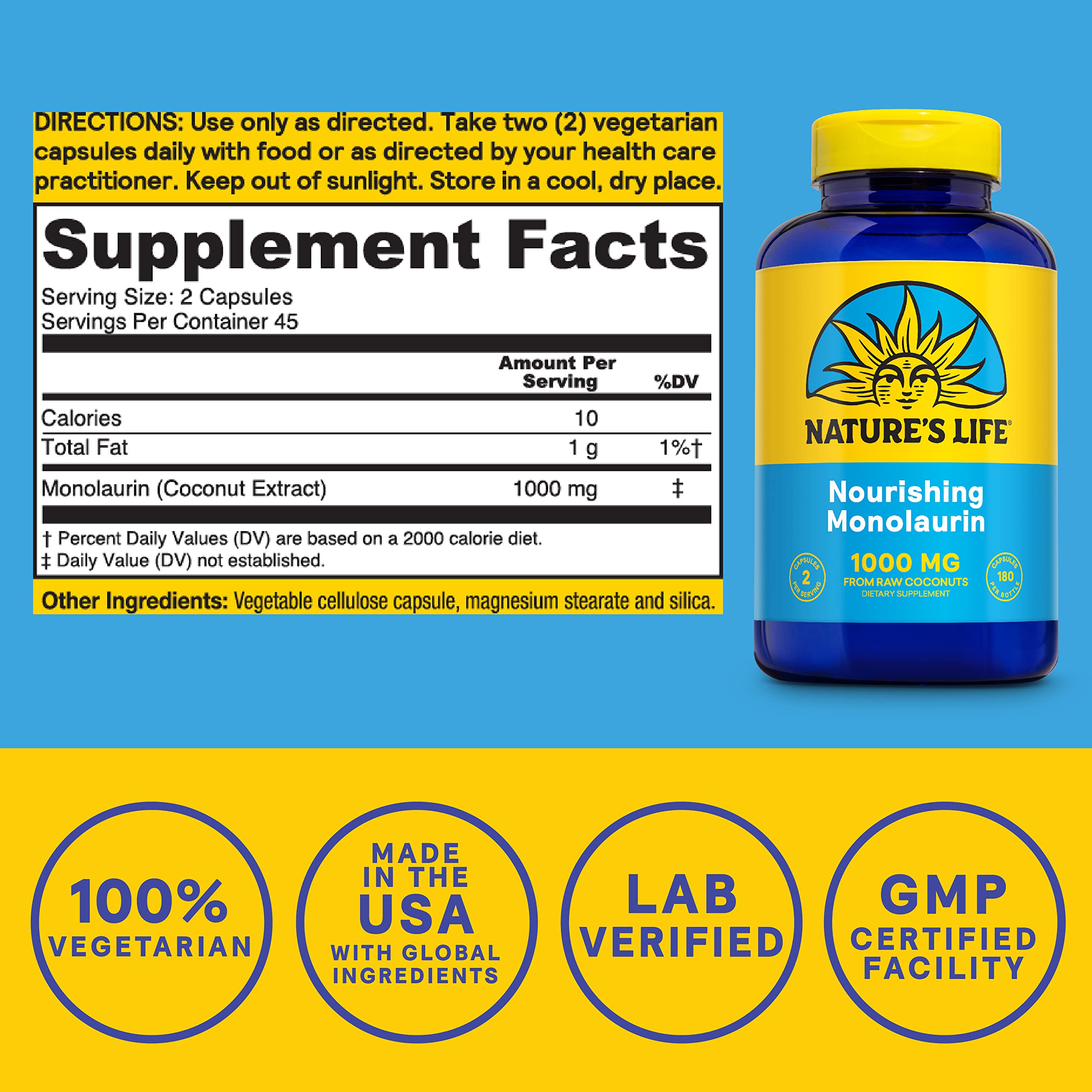 Bottle of Nature's Life Monolaurin 1000 mg for immune support