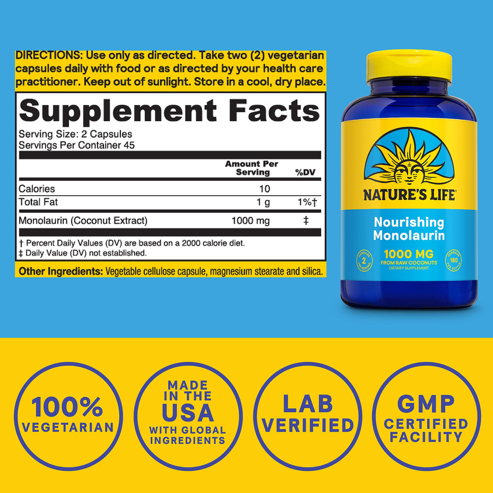 Bottle of Nature's Life Monolaurin 1000 mg for immune support