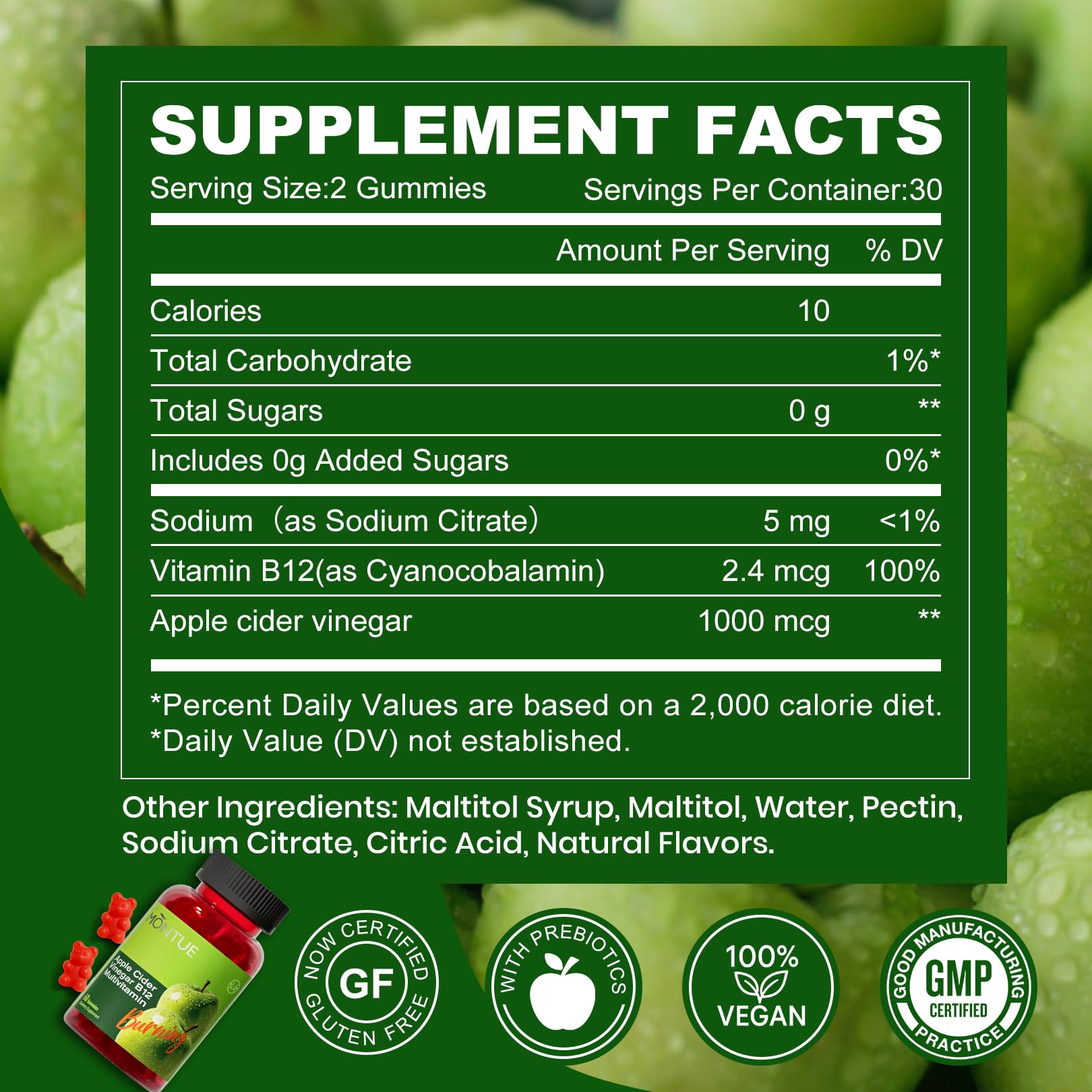 Montue ACV gummies close-up highlighting natural apple flavor.
