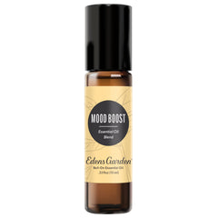 Edens Garden Mood Boost essential oil roll-on bottle on white backdrop