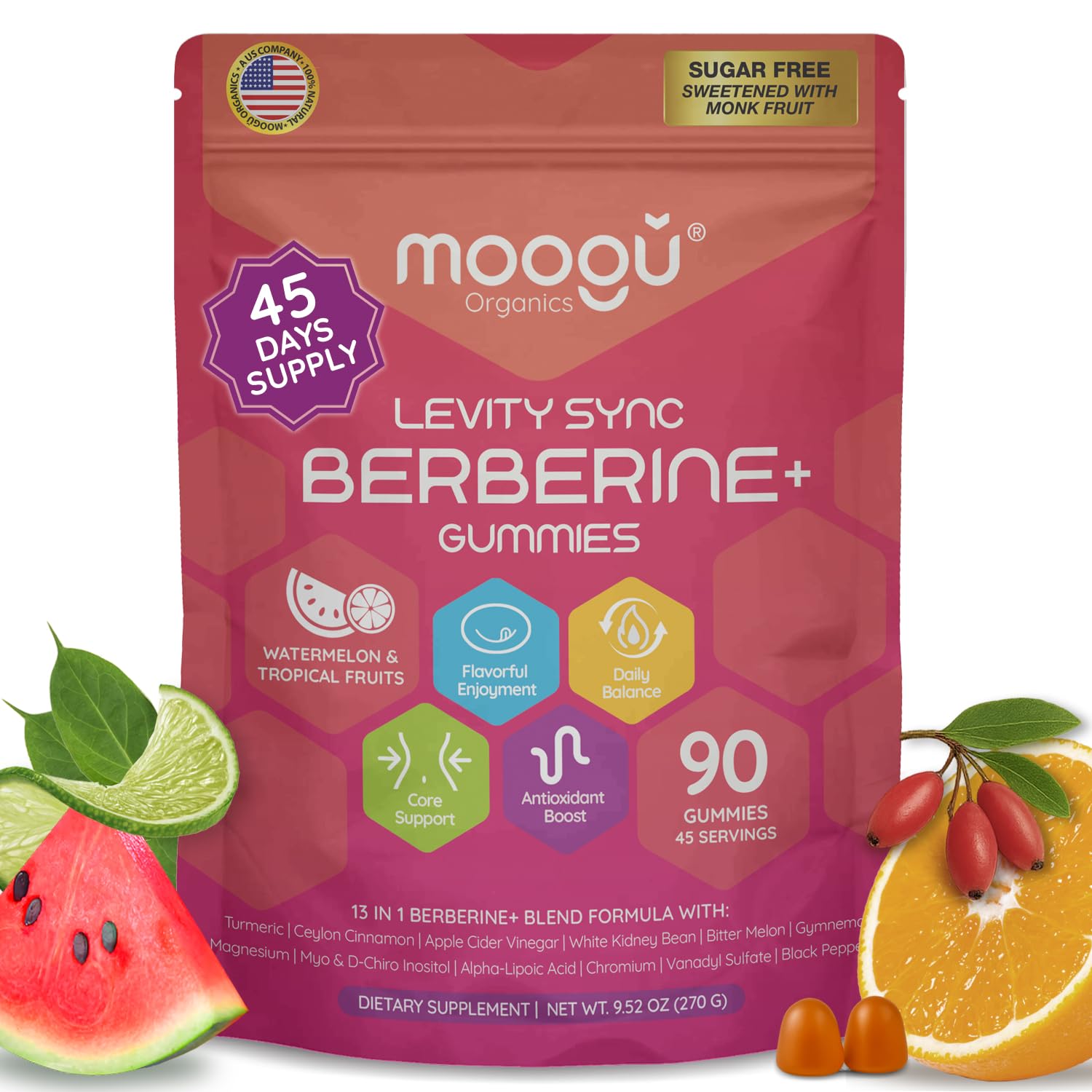 Front view of Moogǔ Organics Berberine Gummies with turmeric and cinnamon flavor.