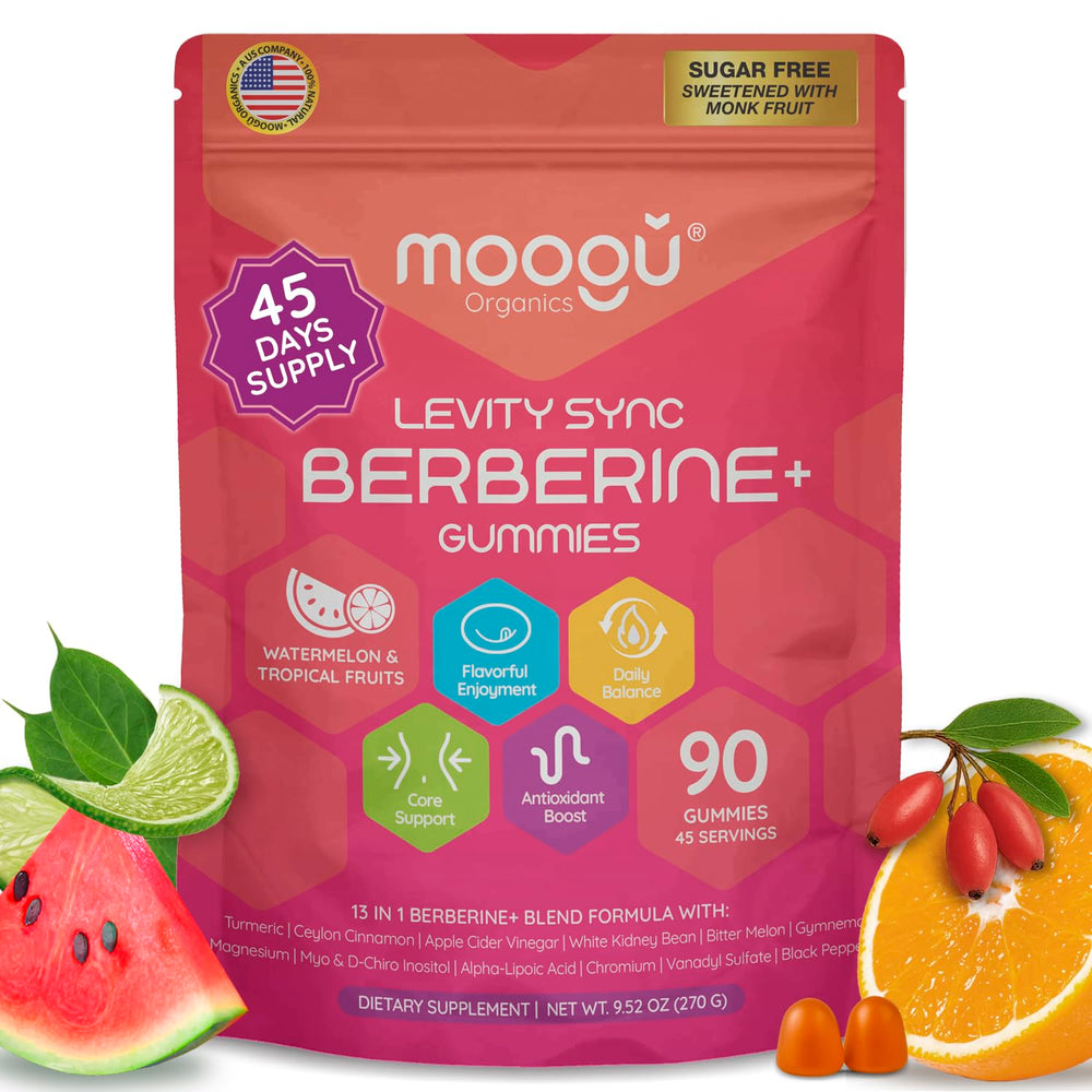 Front view of Moogǔ Organics Berberine Gummies with turmeric and cinnamon flavor.