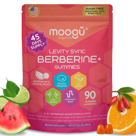 Front view of Moogǔ Organics Berberine Gummies with turmeric and cinnamon flavor.