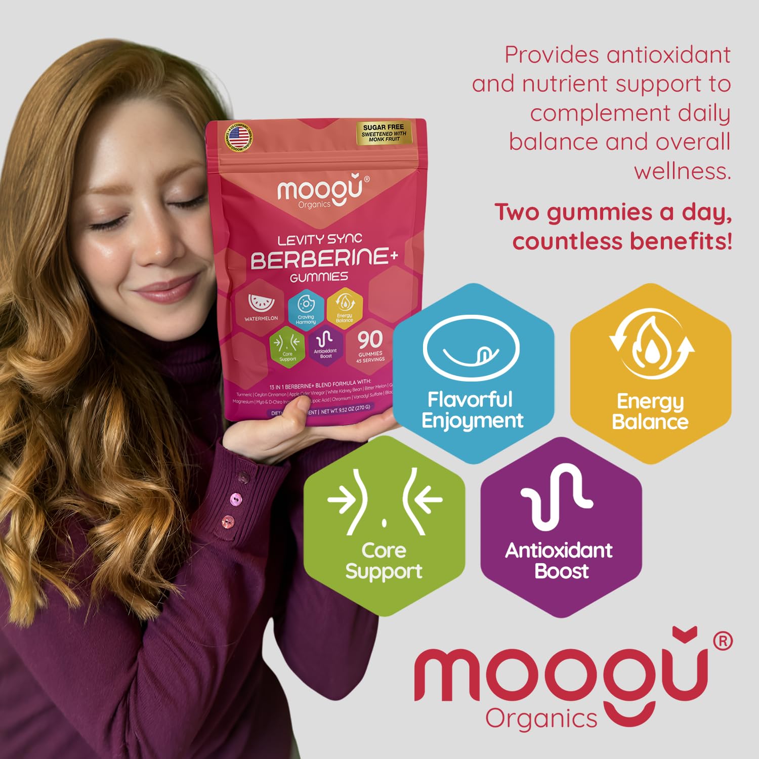 Vegan, non-GMO, gluten-free and dairy-free labels on the product.