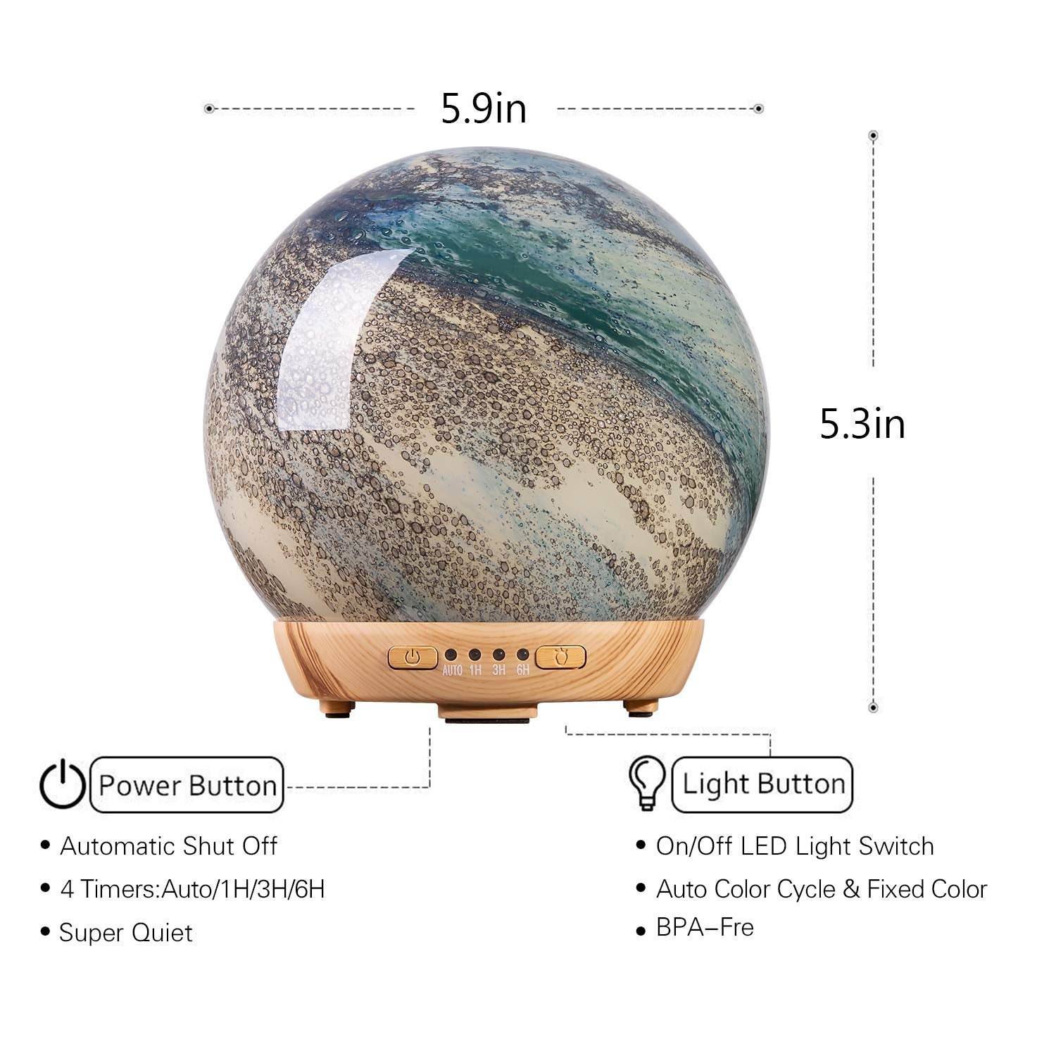 Diffuser displaying 4 timer modes: Auto, 1H, 3H, 6H