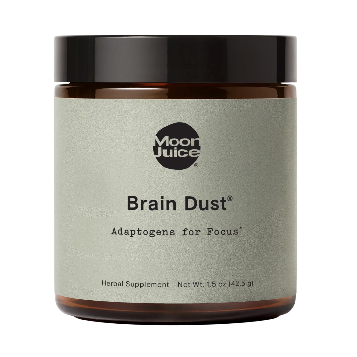 Moon Juice Brain Dust bottle showing a caffeine-free adaptogenic blend for focus