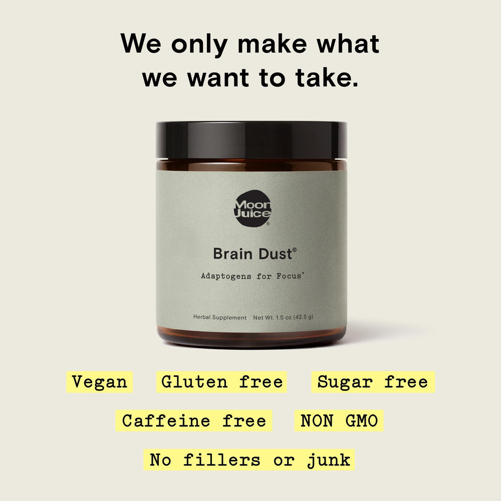 Close-up of Brain Dust ingredients including ginkgo and rhodiola