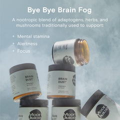Packaging label of Moon Juice Brain Dust emphasizing caffeine-free, plant-based formula
