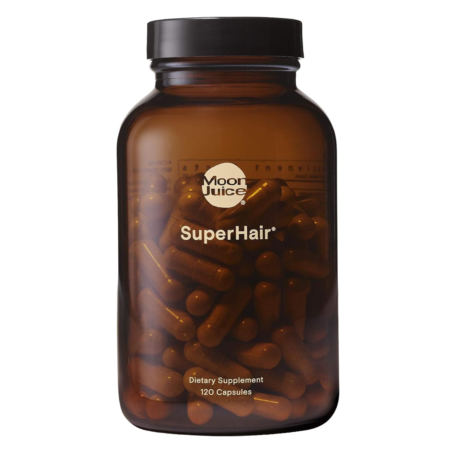 Moon Juice SuperHair bottle front shows premium hair growth support.