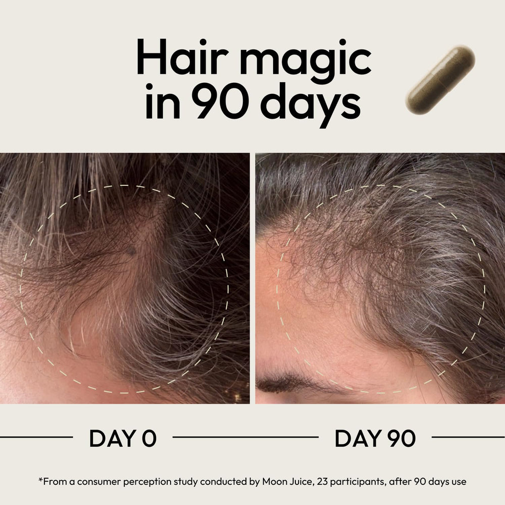 Moon Juice SuperHair label detail highlighting biotin saw palmetto and other nutrients.