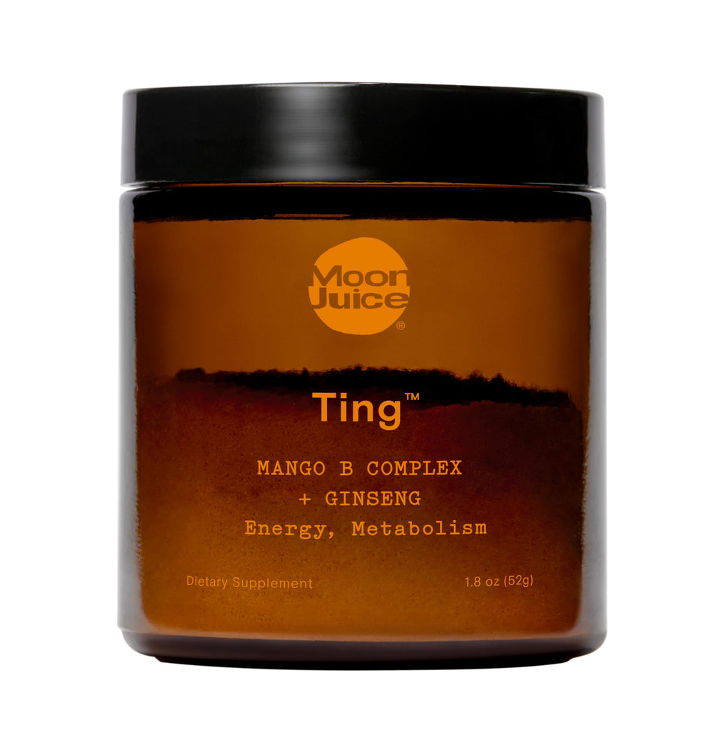 Front label of Moon Juice Ting Mango Vitamin B Complex + Ginseng jar