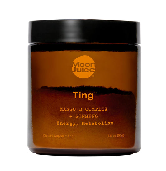 Front label of Moon Juice Ting Mango Vitamin B Complex + Ginseng jar