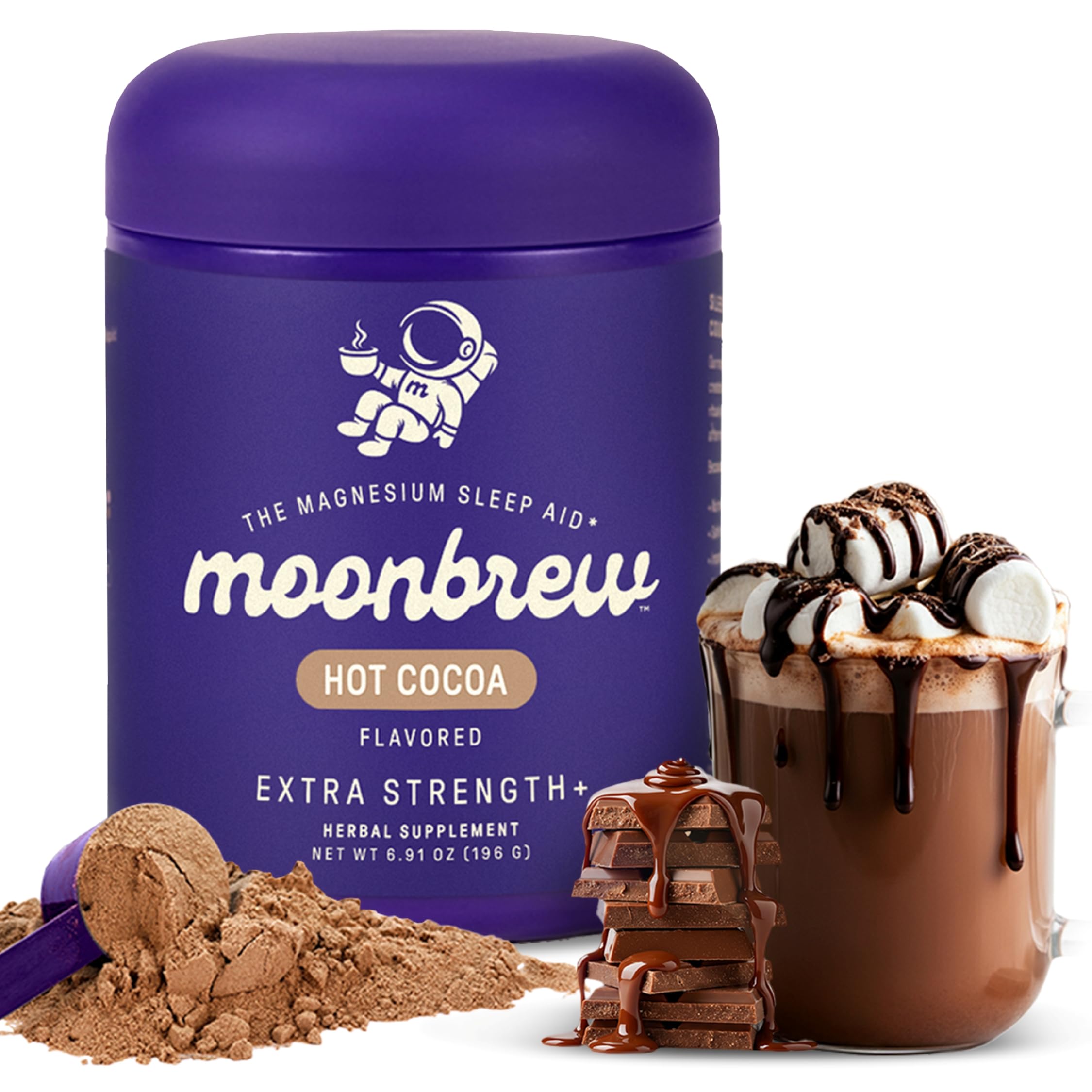 MoonBrew Nighttime magnesium hot cocoa jar showing calm evening ritual and melatonin-free formula