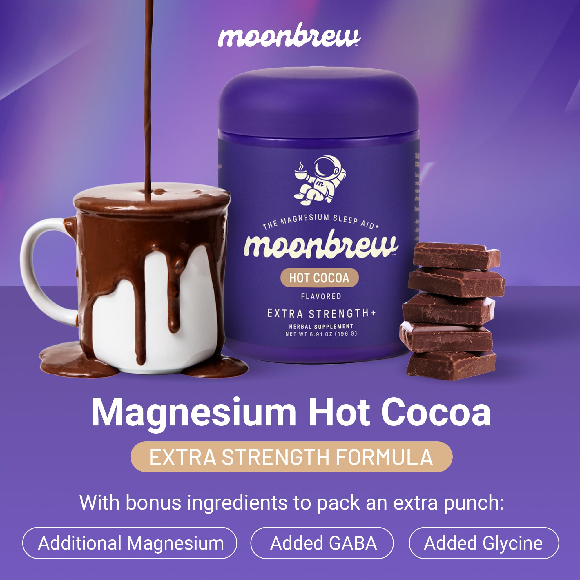Cup of MoonBrew Nighttime Hot Cocoa ready for bedtime