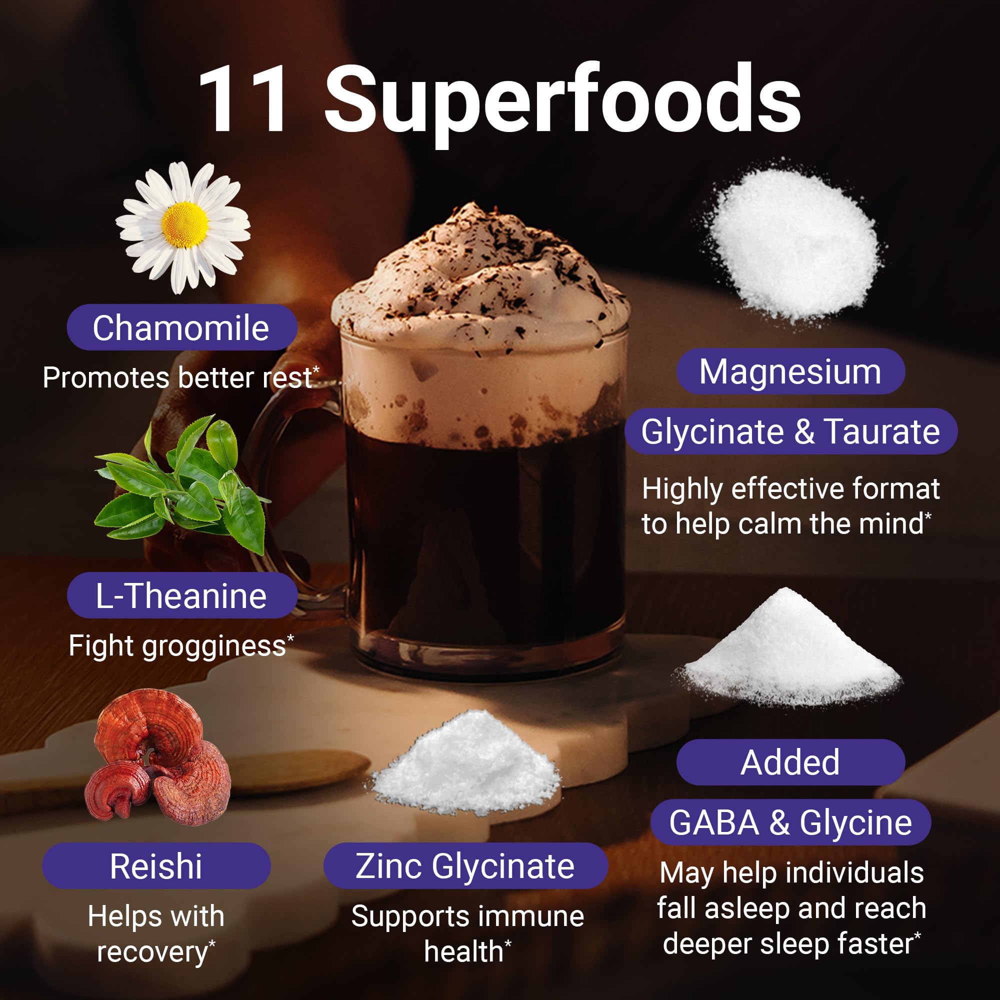 MoonBrew ingredients featuring chamomile and reishi mushroom